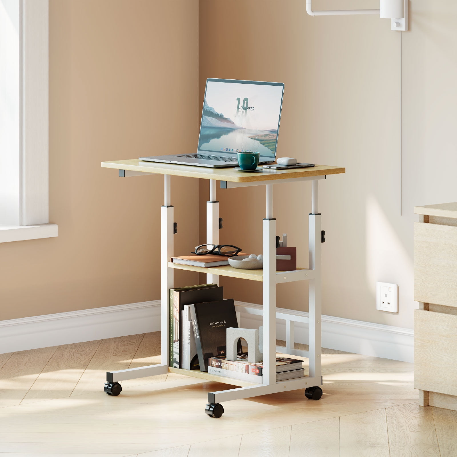 Furnibear Portable Rolling Desk on Wheels, Height Adjustable Desk with 2 Tier Storage Shelves, Standing Table for Office, Natural Color