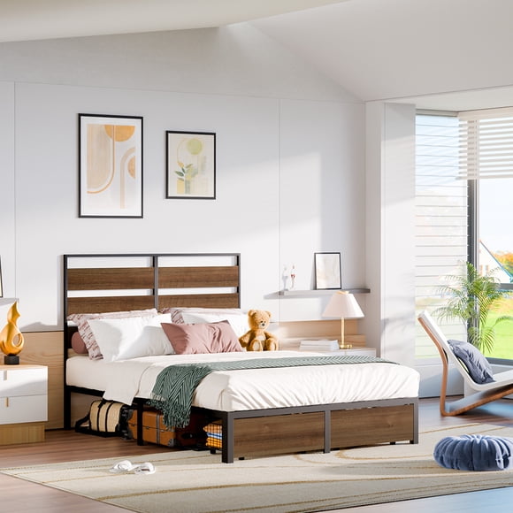 Full Size Bed Frame 192cmx140cm Industrial Wood Metal Platform Bed with Under-bed Storage Drawers No Box Spring Needed Brown