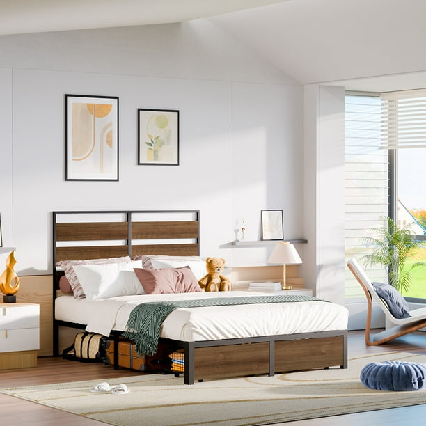 Full Size Bed Frame 192cmx140cm Industrial Wood Metal Platform Bed with Under-bed Storage Drawers No Box Spring Needed Brown