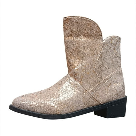 

Jungdeepe Women Winter New Metallic Snakeskin Point Toe Heel Boots Solid Gold Thick Heel Stylish Pointed Toe Mid Length Boots Leather Riding Boots Wide Calf for Women Riding Boots for Women Wide Calf