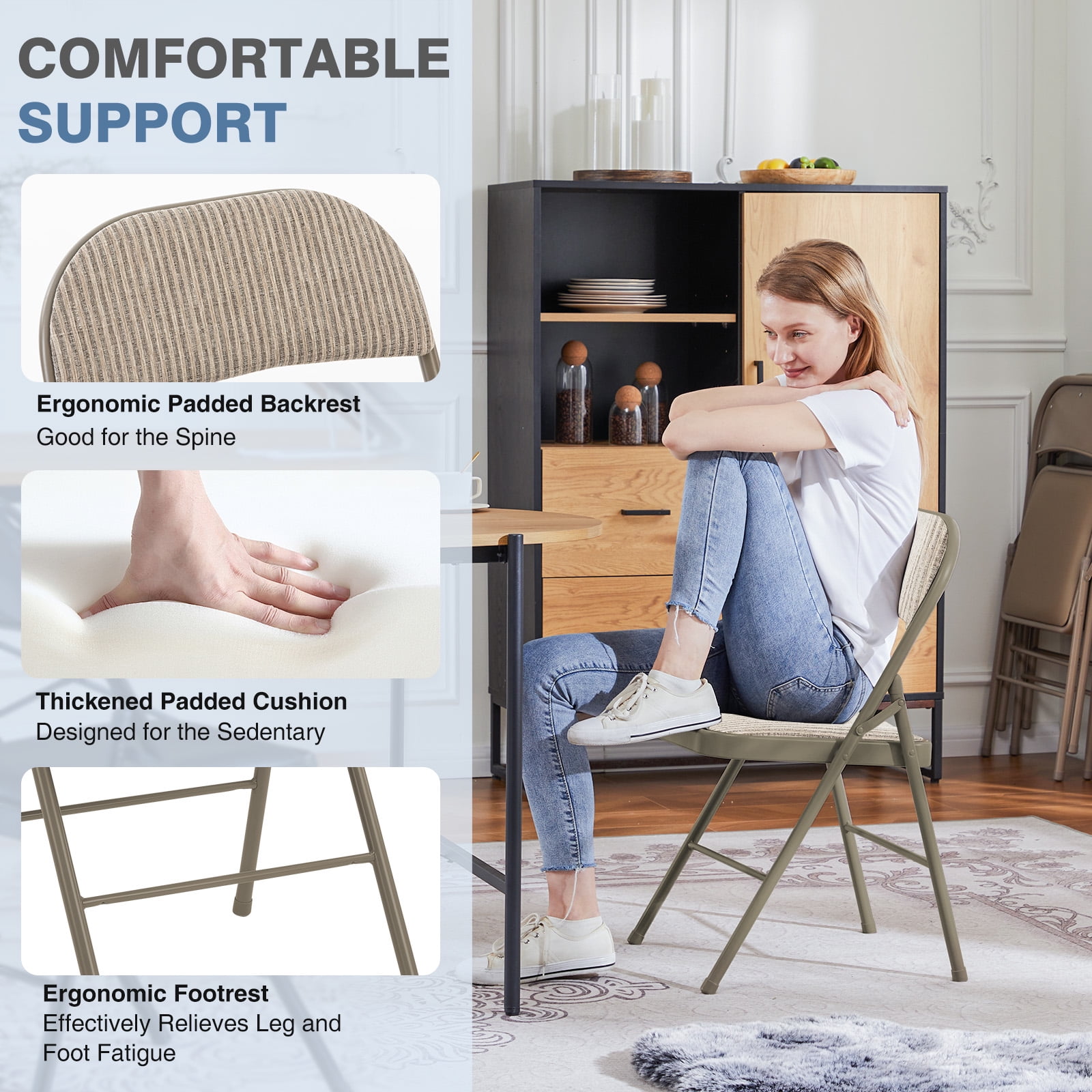 Gianna 4-Pack Folding Chairs, Padded Fabric Dining Chairs with Cushioned Seat and Back for Indoor or Outdoor Use, Home, Office, Events & Parties
