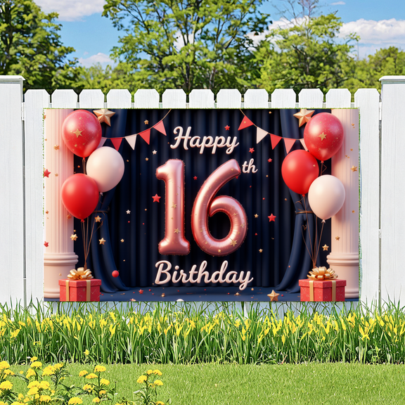 Red Balloon Banner Decorative Design Celebration Banner for Sweet Sixteen Indoor Decoration Party Background
