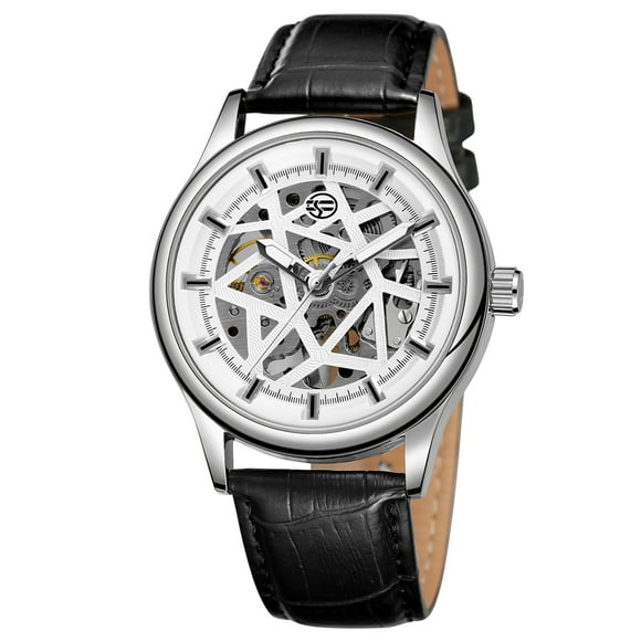 FORSINING FORSINING Montre Mécanique pour Homme à Cadran Squelette à Remontage Automatique avec Bracelet en Cuir PU, Boîtier en Acier Inoxydable, Cadran 42 mm, Design Blanc et Argent