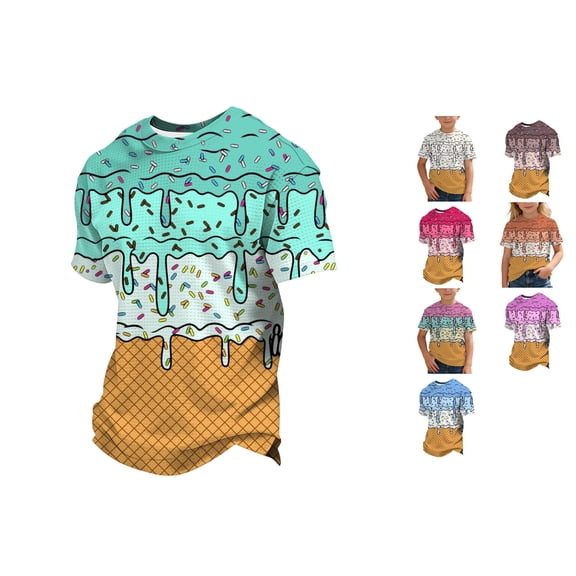 RTKFRFLM Boys Ice Cream T-Shirt Sweet Summer Dessert Print Waffle Knit Texture Crewneck Short Sleeve Casual Comfy Top