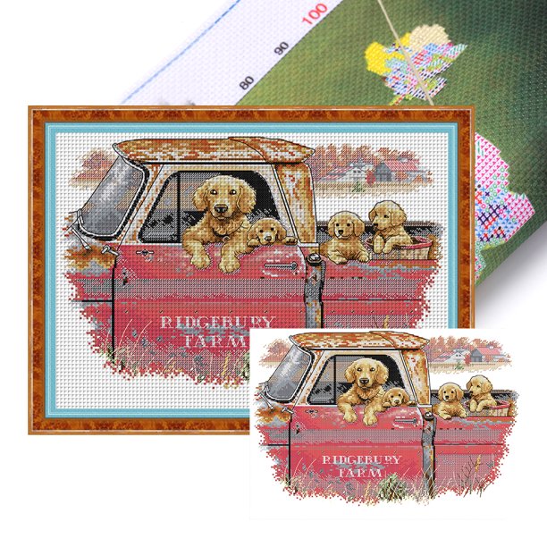 Hilo Algodón Bordado Punto Cruz Familiar Golden Retriever Con 14CT 41x31cm
