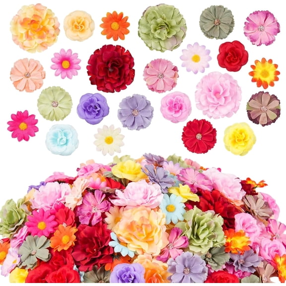 200 Pcs Mini Silk Flowers Heads, Small Fake Rose Daisy Sunflower Bulk, Artificial Flowers for Decoration for Wedding Hair Cap Dresses