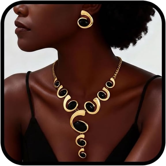 DESIGNICE Gold Statement Jewelry Set for Women,Chunky Vintage Silver Black Necklace Earrings Sets Extra Long Pendant Jewelry Gifts Non Tarnish Trendy Dainty Hypoallergenic