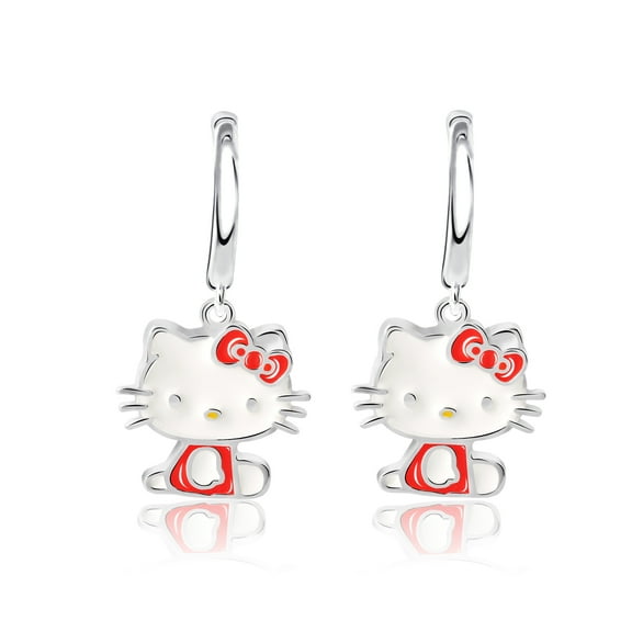 Sanrio Hello Kitty Womens Hoop Earrings- Plated Silver Hello Kitty Earrings- Hello Kitty Jewelry