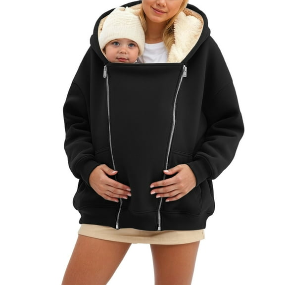 Women's Jacket with Baby Carrier Pocket, Warm Maternity Coat for Mom,Cozy 2 in 1 Baby Wearing Outerwear Black L