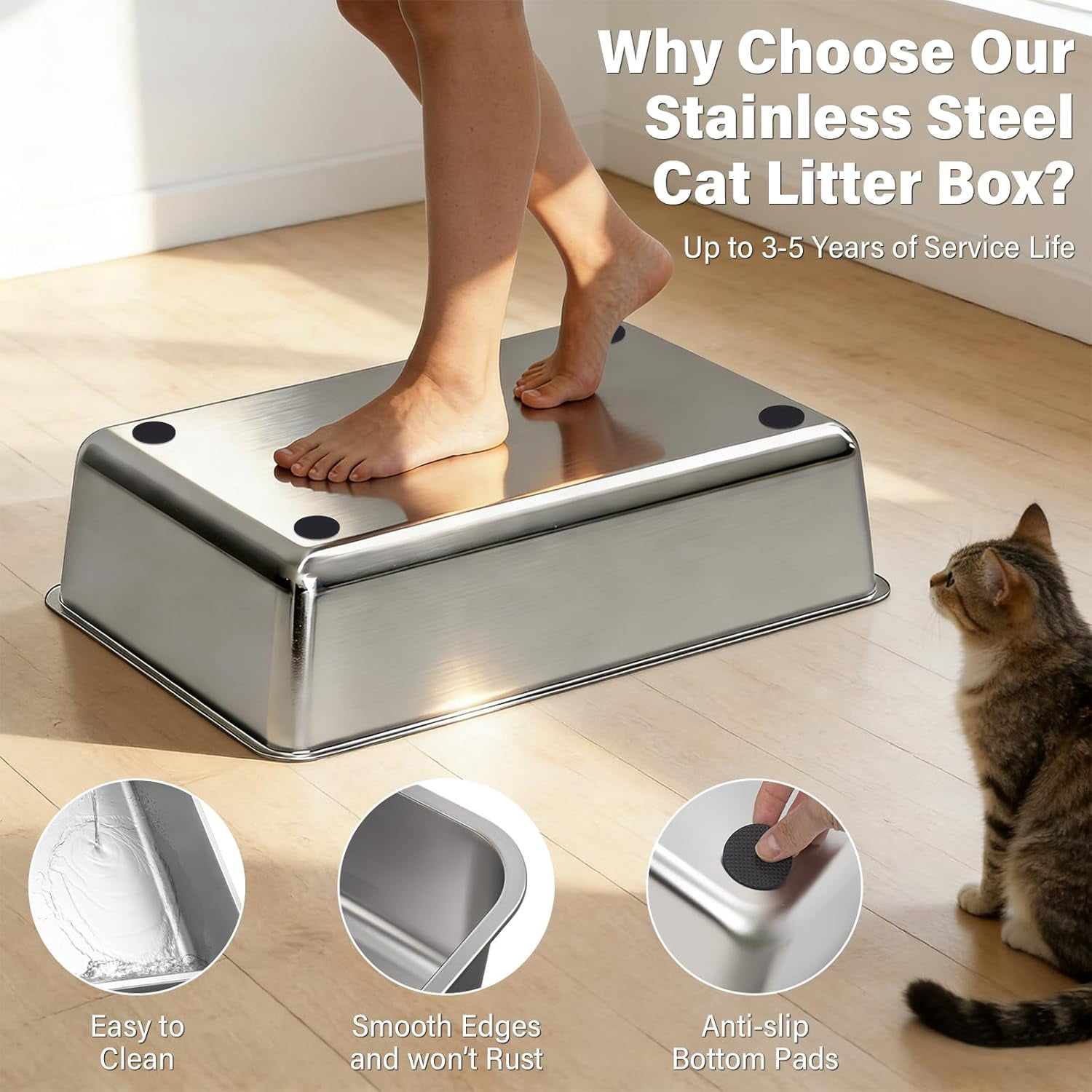 Extra Large Stainless Steel Litter Box with Lid, High Sided Design Includes Mat and Scooper, Easy Clean Non-Stick Odor Control