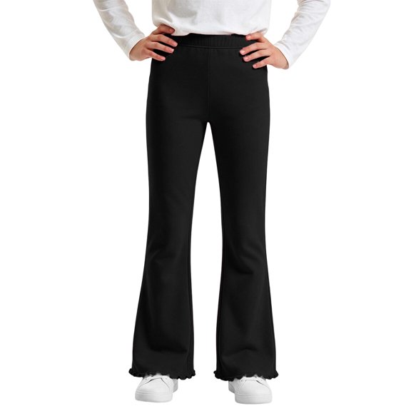 Girls Solid Color Stretchy Elastic Waist 7/8 Flare Pants with Ruffle Hem for Daily Wear 5-16 Years