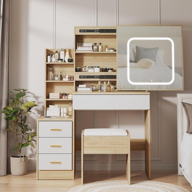 Vanity Desk with Sliding Mirror & LED Lights, Makeup Vanity Set with 4 Drawers, Stool, Power Outlet, Open Shelves, 3 Color Adjustable Lighting Modes for Bedroom