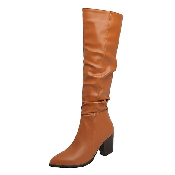 B91xZ Winter Boots Women Mid Calf Low Kitten Heel Suede Pointed Toe Stretch Fall Fashion Dressy Booties,Brown 7.5