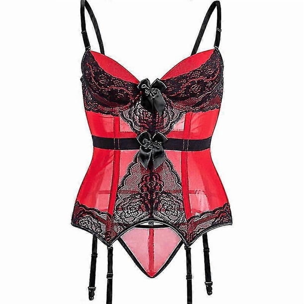 Removable Strap Corset With Cup Girdle Lingerie Bowknot Lace Up Bodysuit For Women Padded Bra Corsets Bustiers With Suspenders Red