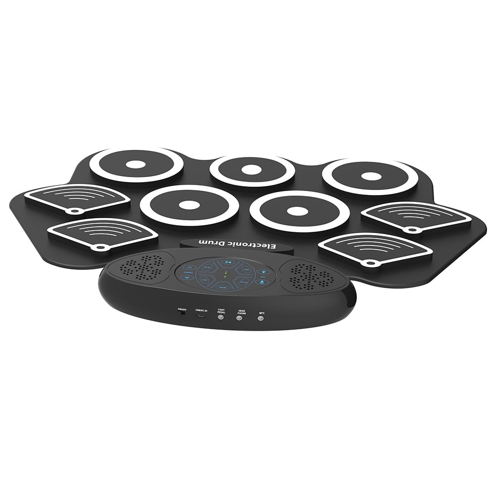 Portable Electronic Drum Set - 9 Pads Roll Up Silicone Practice Drum with Built-in 2 Stereo Speakers, Rechargeable Multifunction Tabletop Drum with Recording Function, Audio Input & MIDI Output