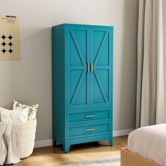 Metal Wardrobe Cabinet, 71" Tall Armoire Wardrobe Closet with 2 Drawers, Farmhouse Clothing Storage Cabinet for Bedroom, Laundry
