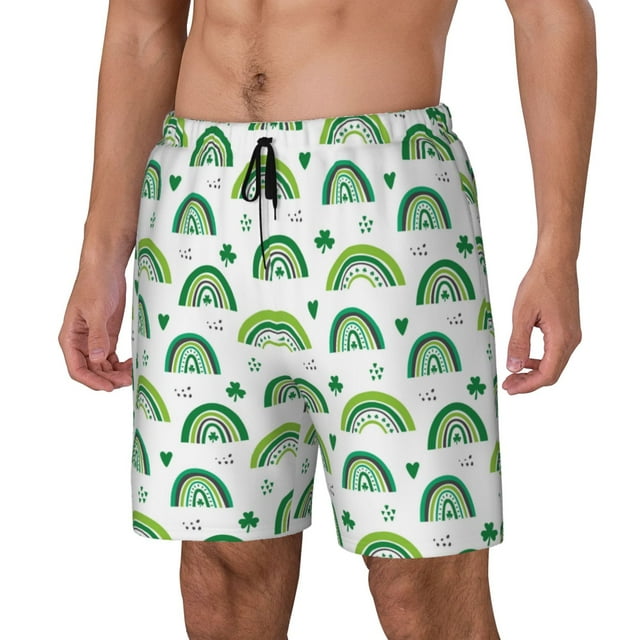 Bingfone St. Patrick's Day rainbows for Men's Double Layer Swimming Trunks with Lining, Drawstring Style with Pockets Beach Shorts Men's Swimsuit-3X-Large
