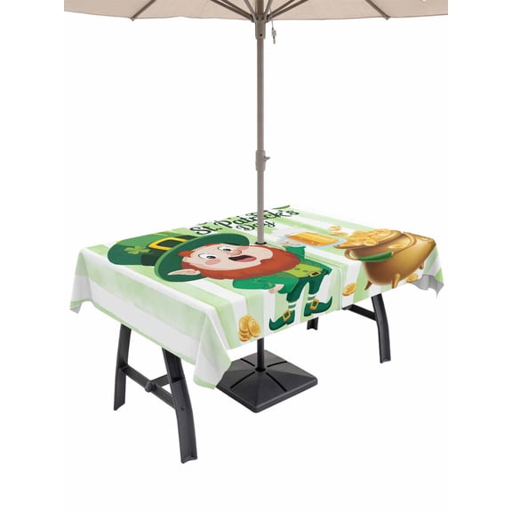 St. Patrick's Day Outdoor Tablecloth - 60x120 Inch Rectangle Dining Table Cover, Green Gnomes Gold Coin Beer Shamrock Stripes Waterproof Outdoor Table Cloth with Umbrella Hole & Zipper for Patio