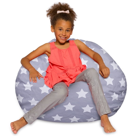Posh Creations Kids Bean Bag Chair, Big Comfy Chair - Machine Washable Cover Canvas White Stars on Gray 38 Inches Large