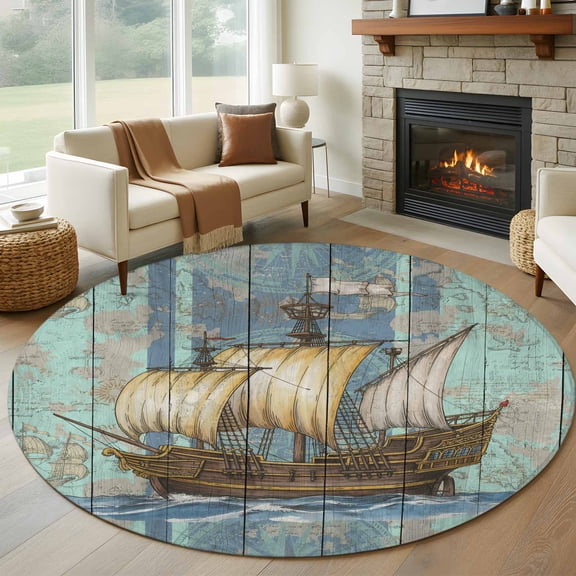 Round Area Rugs Collection 5 Ft, Vintage Sailboat Non-Slip Residential Carpet, Blue Ocean Seaports Anchors Farmhouse Wood Indoor Crawling Mats Runner Rugs for Living Room/Dining Room/Bedroom