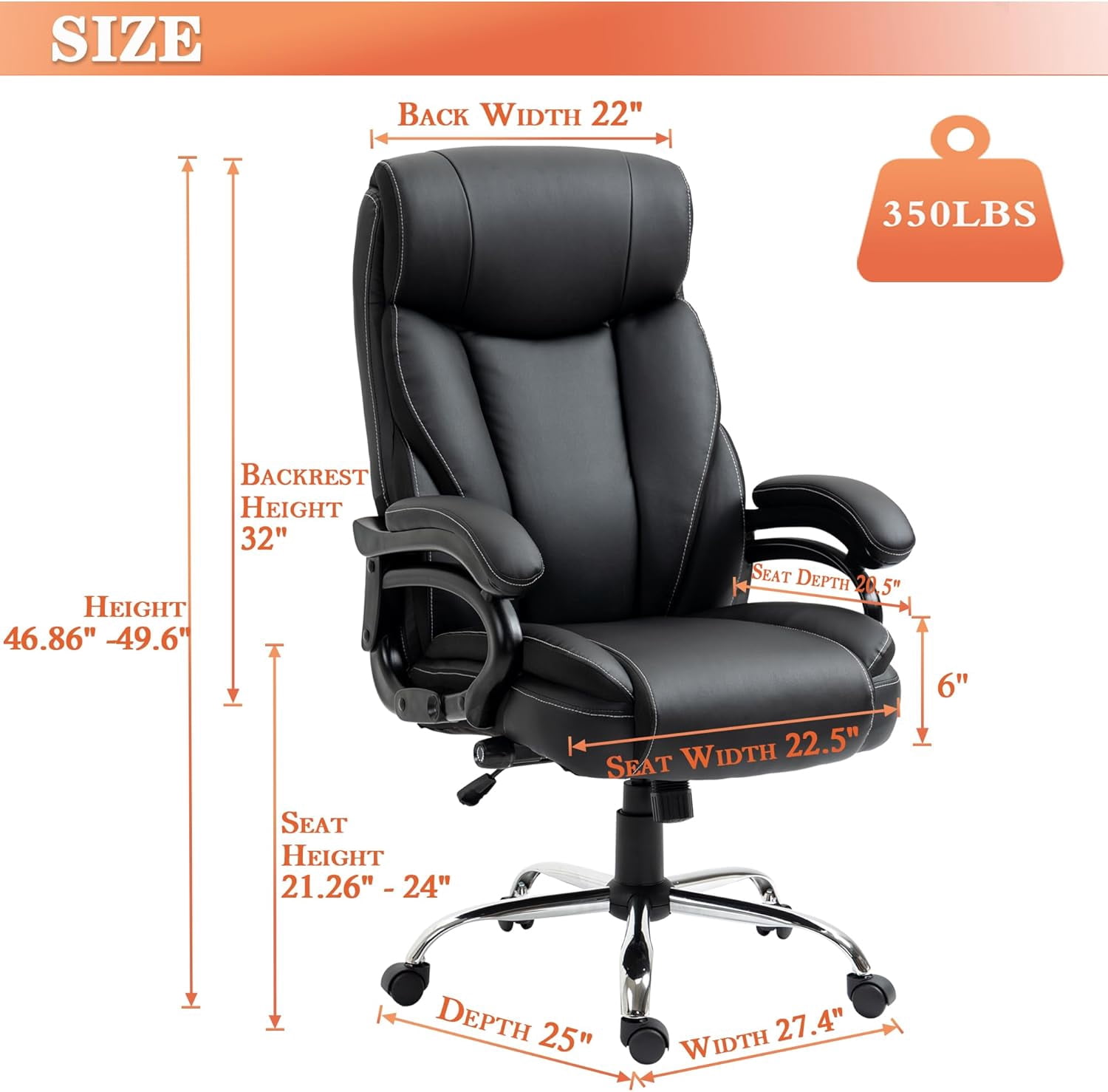 350lbs Big and Tall Office Chair - Adjustable Lumbar Support, Spring Cushioned High Back Executive Desk Chair for Ergonomic Comfort and Back Pain Relief