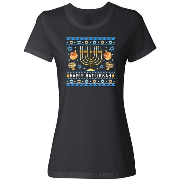 Inktastic Happy Hanukkah Sweater Style Design with Menorah and Dreidel Women's T-Shirt