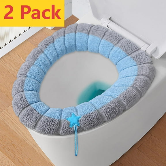 Qocolhg 2 Pack Thicker Bathroom Toilet Seat Cover Pads- Soft Warmer Toilet Seat Cushion Cover Stretchable Washable Fiber Cloth, Easy Installation Comfortable Toilet Lid Seat Cover, Blue