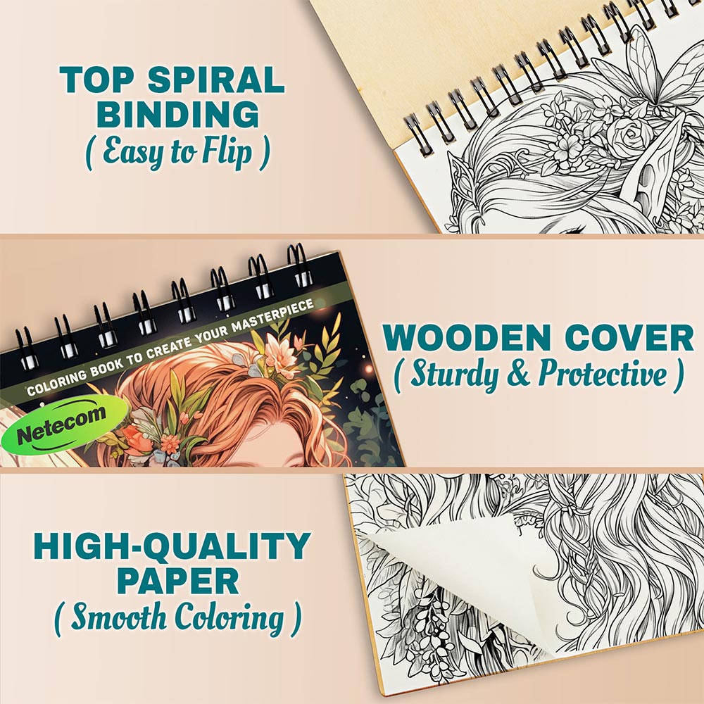 Enchanted Fairies Coloring Book Spiral Bound For Adults, A5 Wooden Cover, 30 Dreamy Coloring Pages of Fairies and Magical Landscapes for Stress Relief and Relaxation
