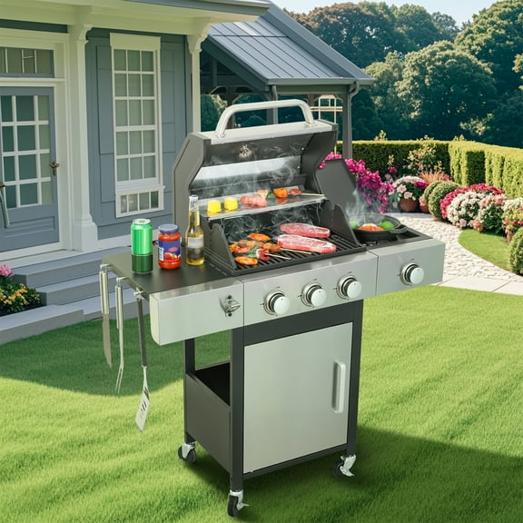Miniyam 3 Burners BBQ Propane Gas Grill with Side Burner for Outdoor Barbecue, 37230 BTU Output