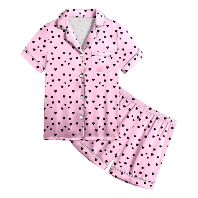 Pyjamas pour Enfants Filles Ensemble de Pyjamas en Satin 2 Pcs pour Enfants Imprimé Graphique Chemise à Manches Courtes Boutonnée Ensemble de Shorts Pyjama Enfant Fille Rose 2 Ans-3 Ans