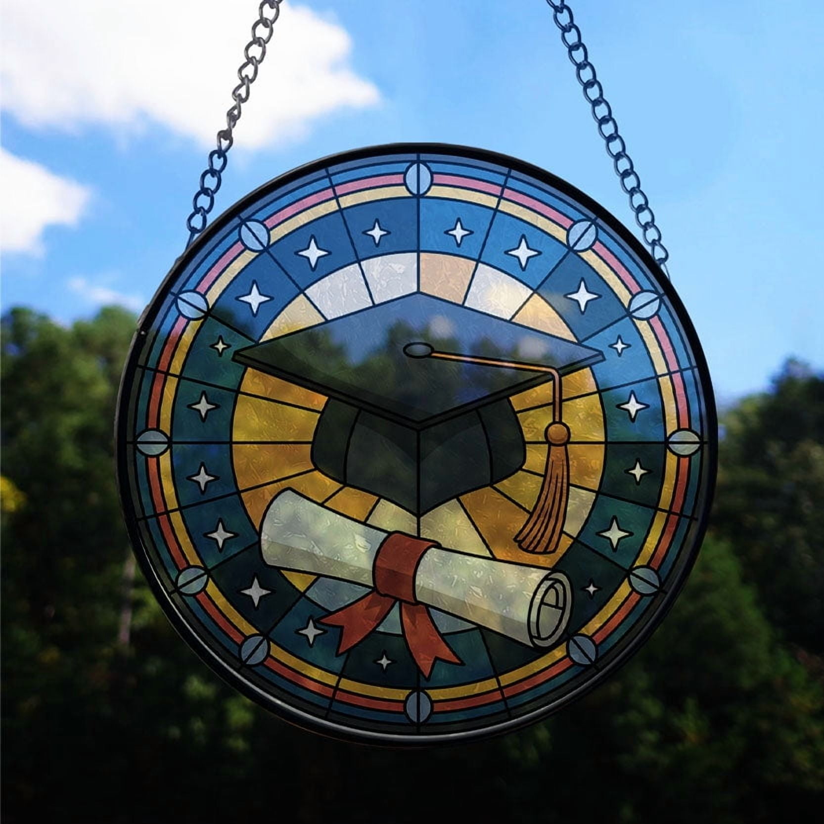 A Graduation Cap and Diploma Stained Glass Suncatcher Window Hanging – Customizable Window Hanging for Loved Ones, Family or Friends, Christmas 2025 Holiday Tree Decoration