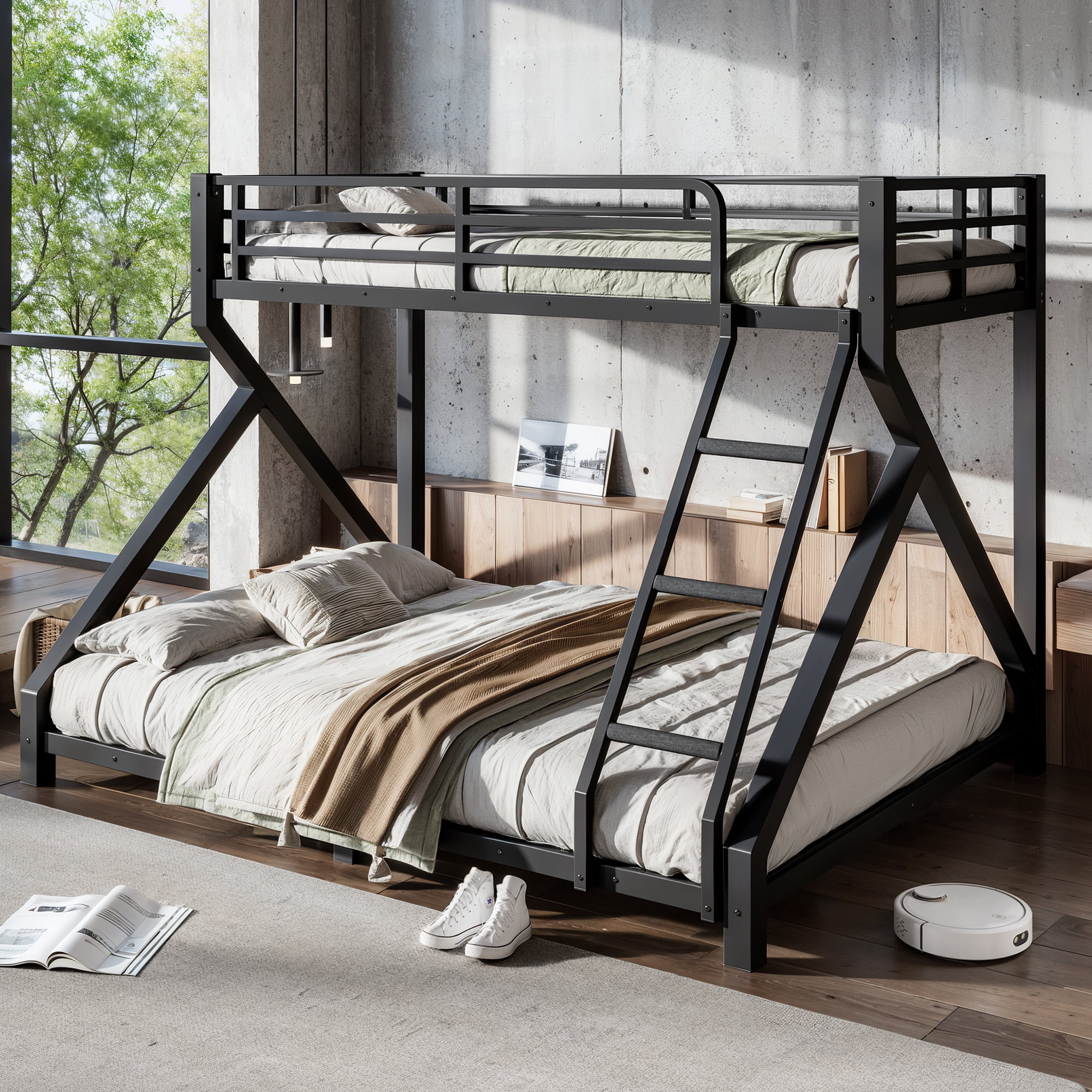 Leumius Twin XL over Queen Bunk Bed Frame with Ladders, Metal Bunk Bed with Full Upgraded Support Slats, Low Profile Bunk Bed for Teens Adults Black