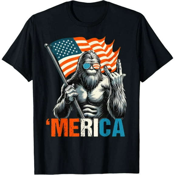 Bigfoot Merica Rock American Flag Patriotic 4th Of July T-Shirt Tee