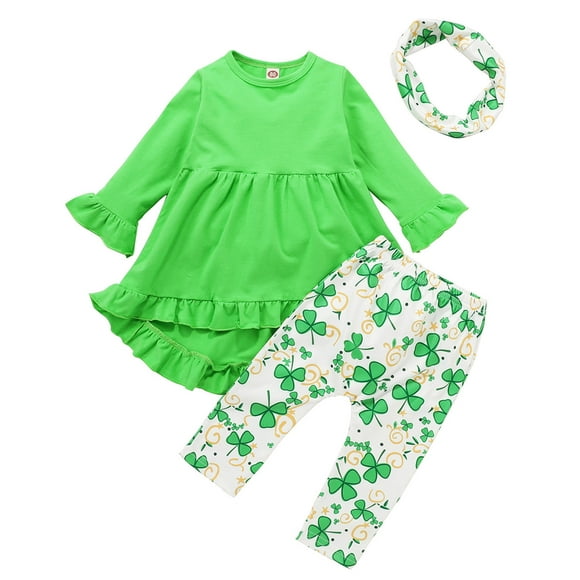 Ropa Para Niñas Pequeñas Traje Para Niños Pequeños Color Sólido Día De San Patricio Estampado De Cuatro Hojas Traje Estampado De Manga Larga Verde Odeerbi LM103-8381