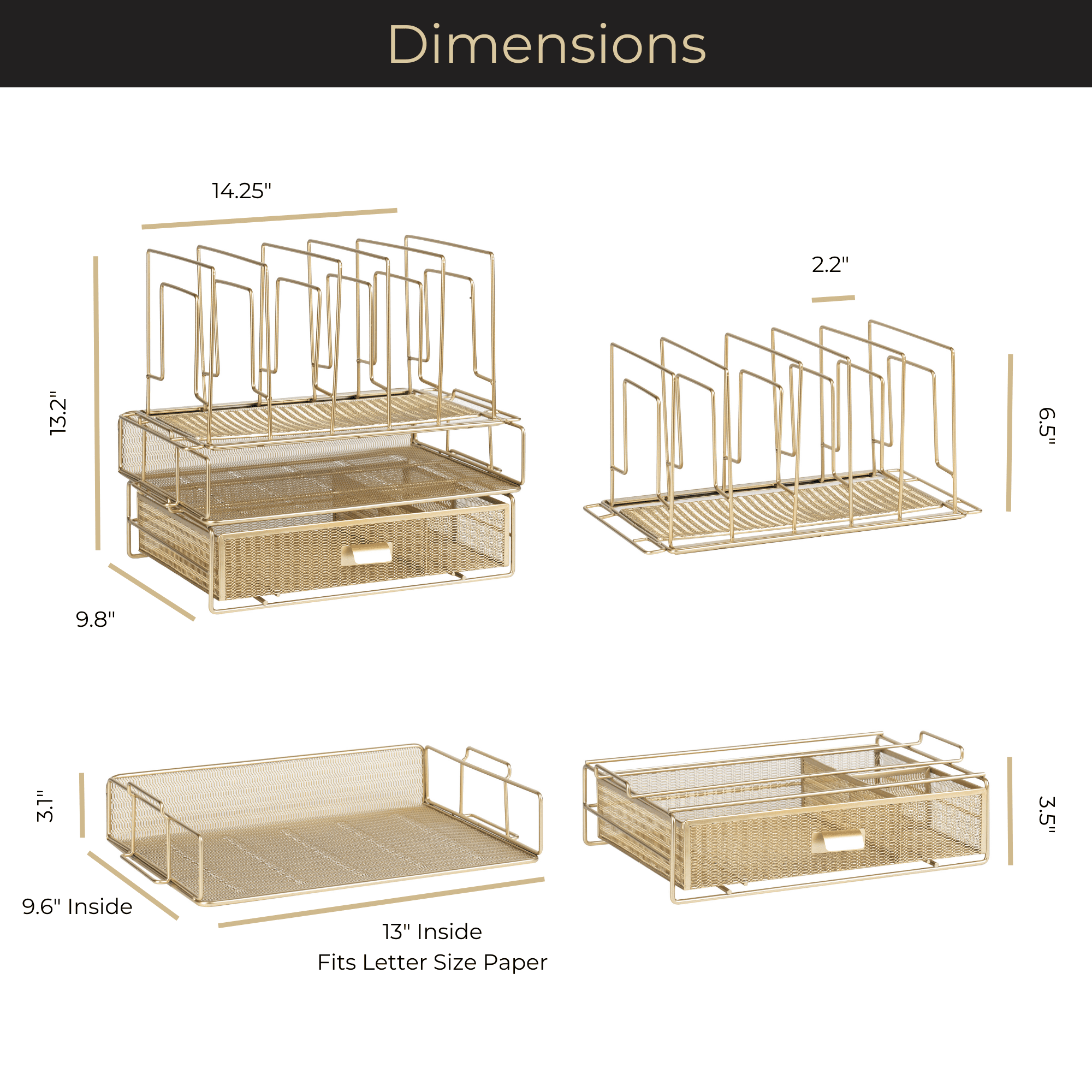 Gold Desk Organizer - Gold Desk Accessories for Women Office Set Includes Detachable File Organizer, Stackable Paper Tray, Stackable Drawer - Gold Office Supplies for Desk Gold File Organizer for Des
