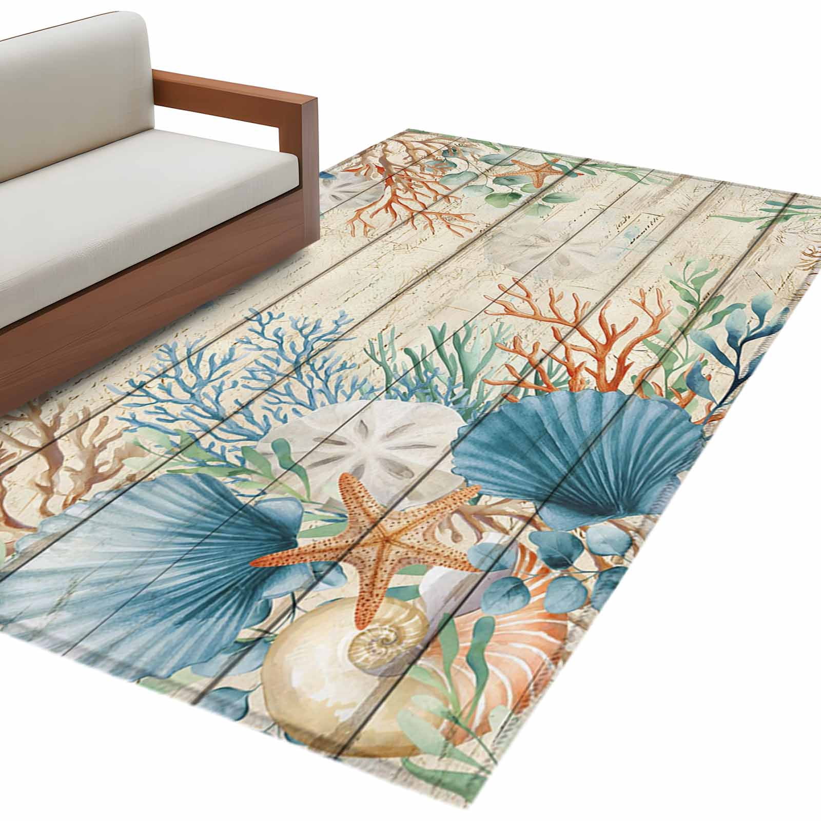 Rectangle Area Rugs 2.7 x 5 Ft, Beige Beach Coastal Non-Slip Residential Carpet, Summer Nautical Coral Shell Botanical Vintage Indoor Crawling Mats Runner Rugs for Living Room/Dining Room/Bedroom