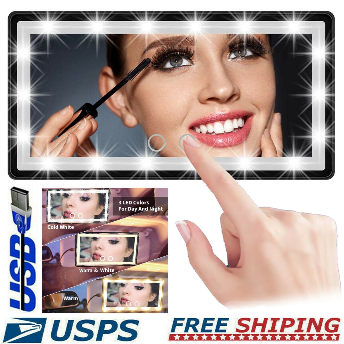 60LED Car Sun Visor Vanity Mirror 3 Light Colors Sunshading Cosmetic