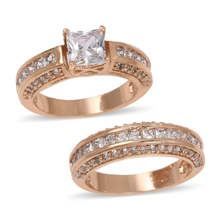 24k Square Ring - Statement Set of 2 Ring Square White Cubic Zirconia CZ Gift Jewelry for Women Cttw 1.2 (Yellow,Rosetone)
