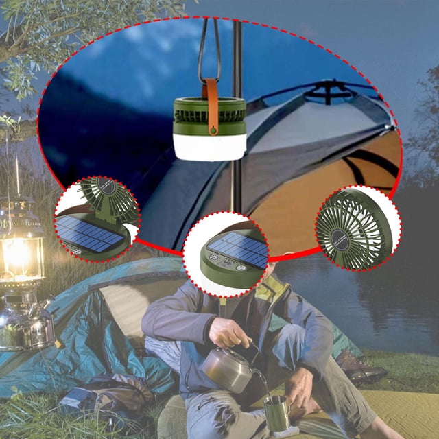 Linterera para acampar con energía solar con lámpara de carpa de ventilador para aventura de viaje iluminación portátil ligera versátiles 4 modos de Verde