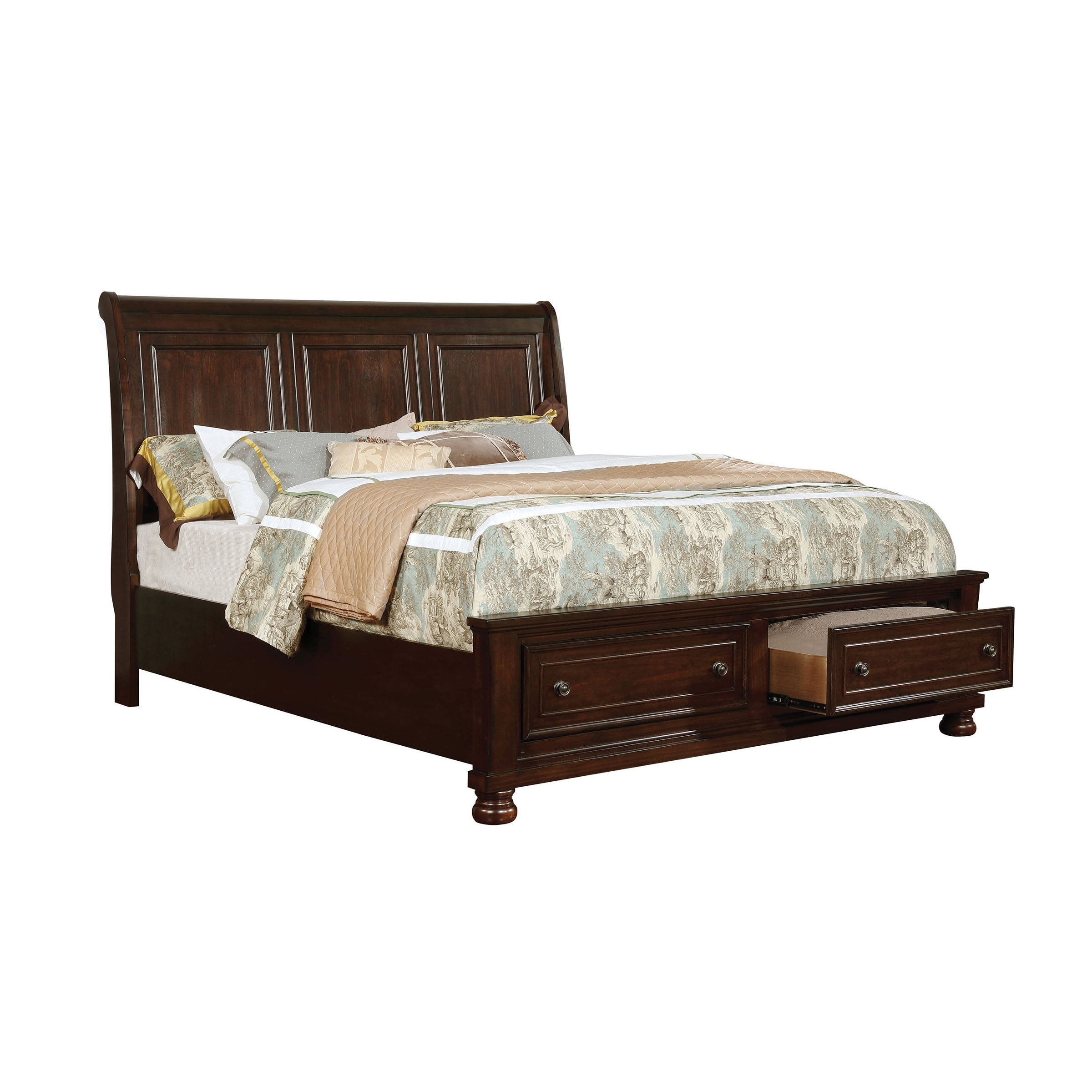 Transitional Queen Bed with Panel Headboard and 2 Drawers, Brown