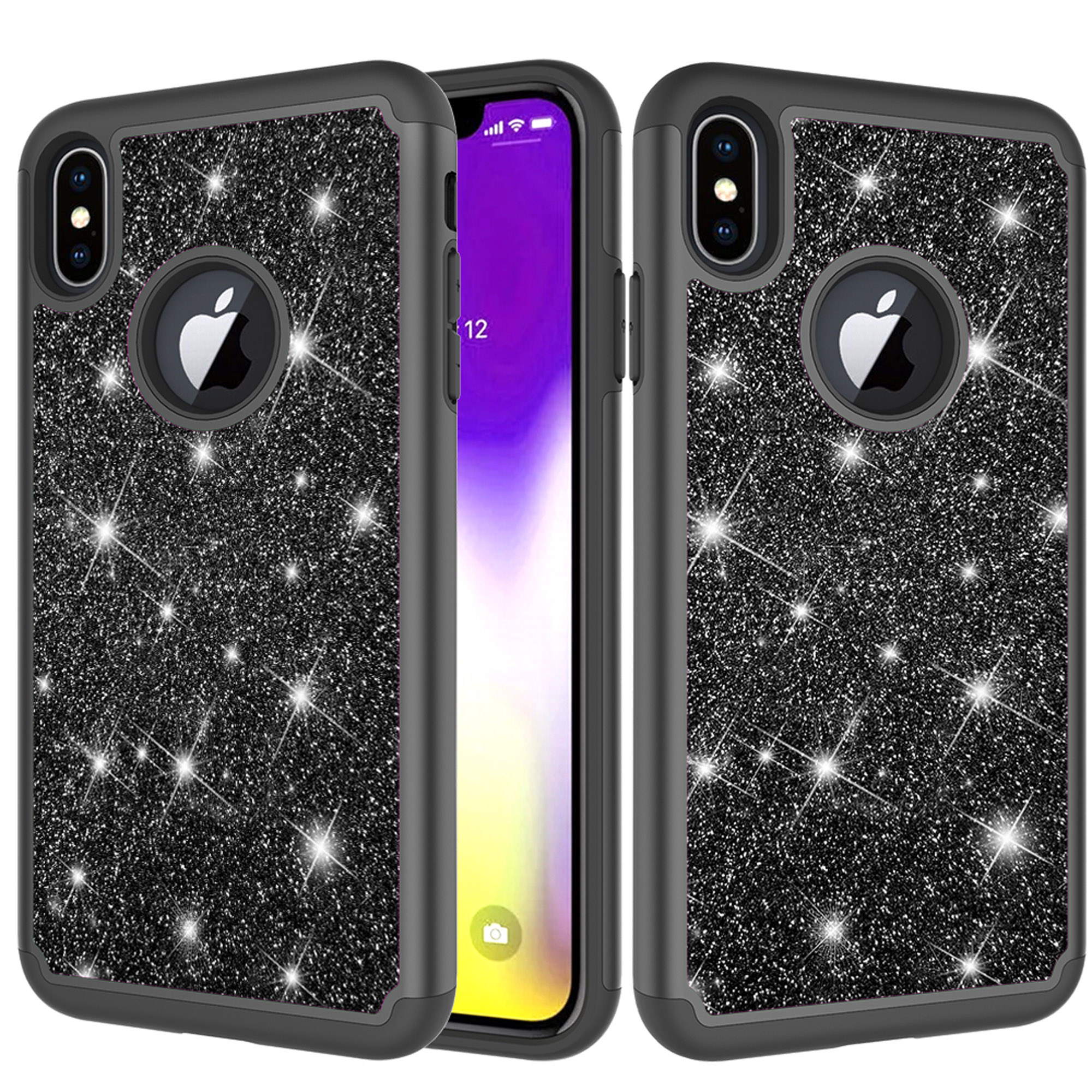 iPhone XS Max Case, Dteck Shockproof Glitter Cover with Tempered Glass Screen Protector Black