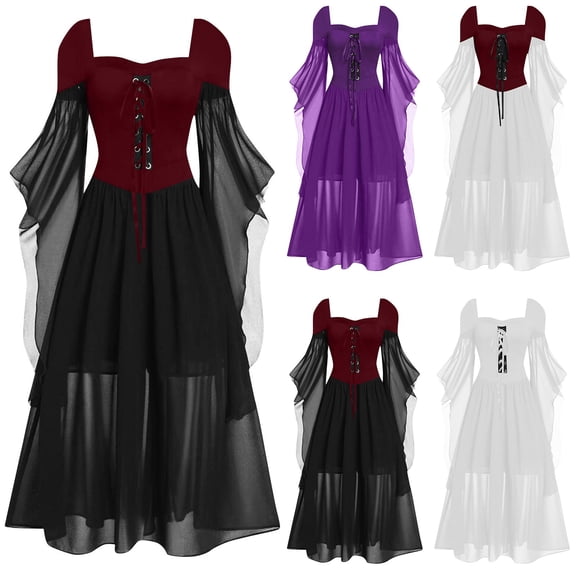 JTieacloth Gothic Dress Women Off Shoulder Lace Up Long Sleeve Midi Dress for Party and Halloween