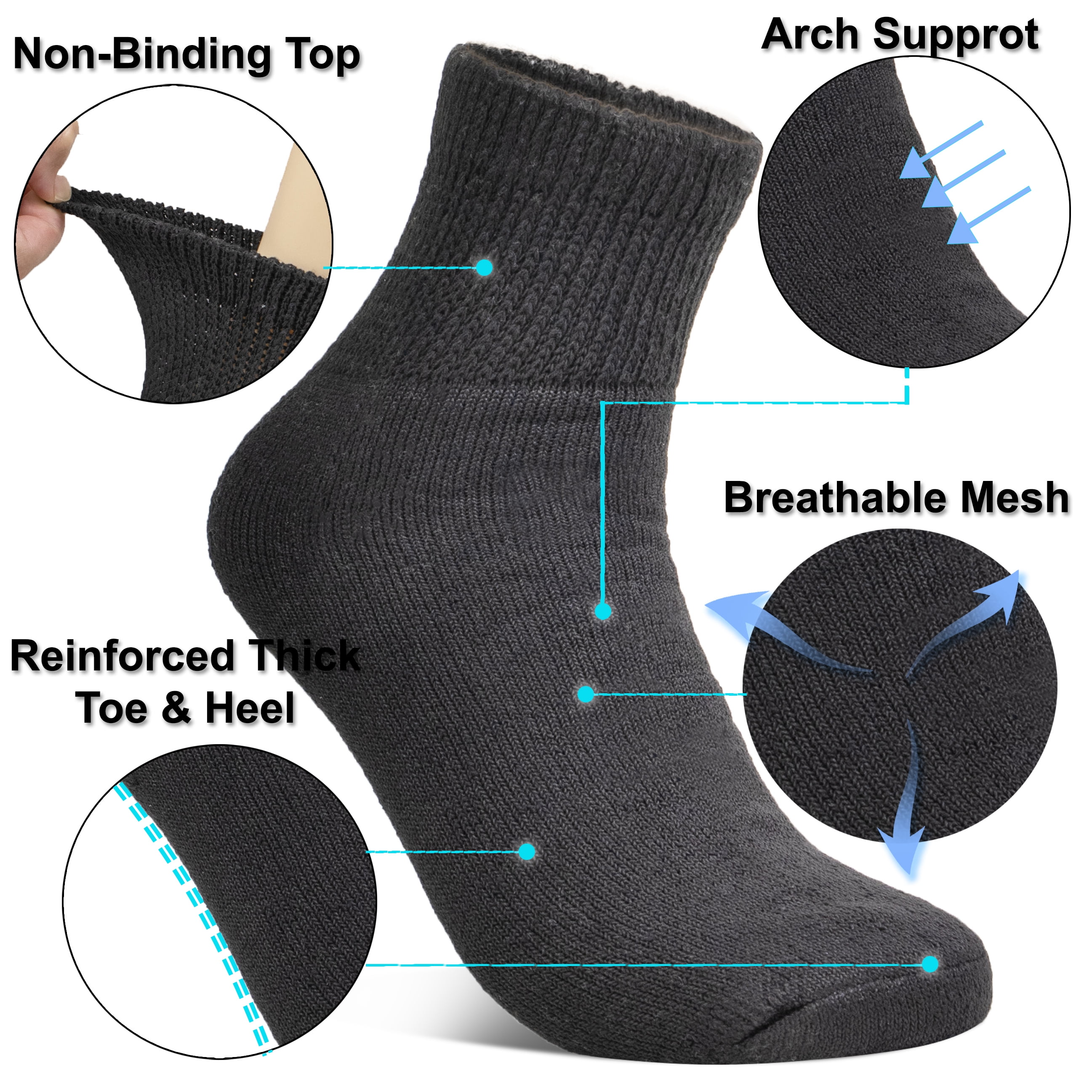NevEND 12 Pairs Cotton Diabetic Socks Ankle for Men and Women - Non-Binding Extra Wide Neuropathy Socks Black X-Large