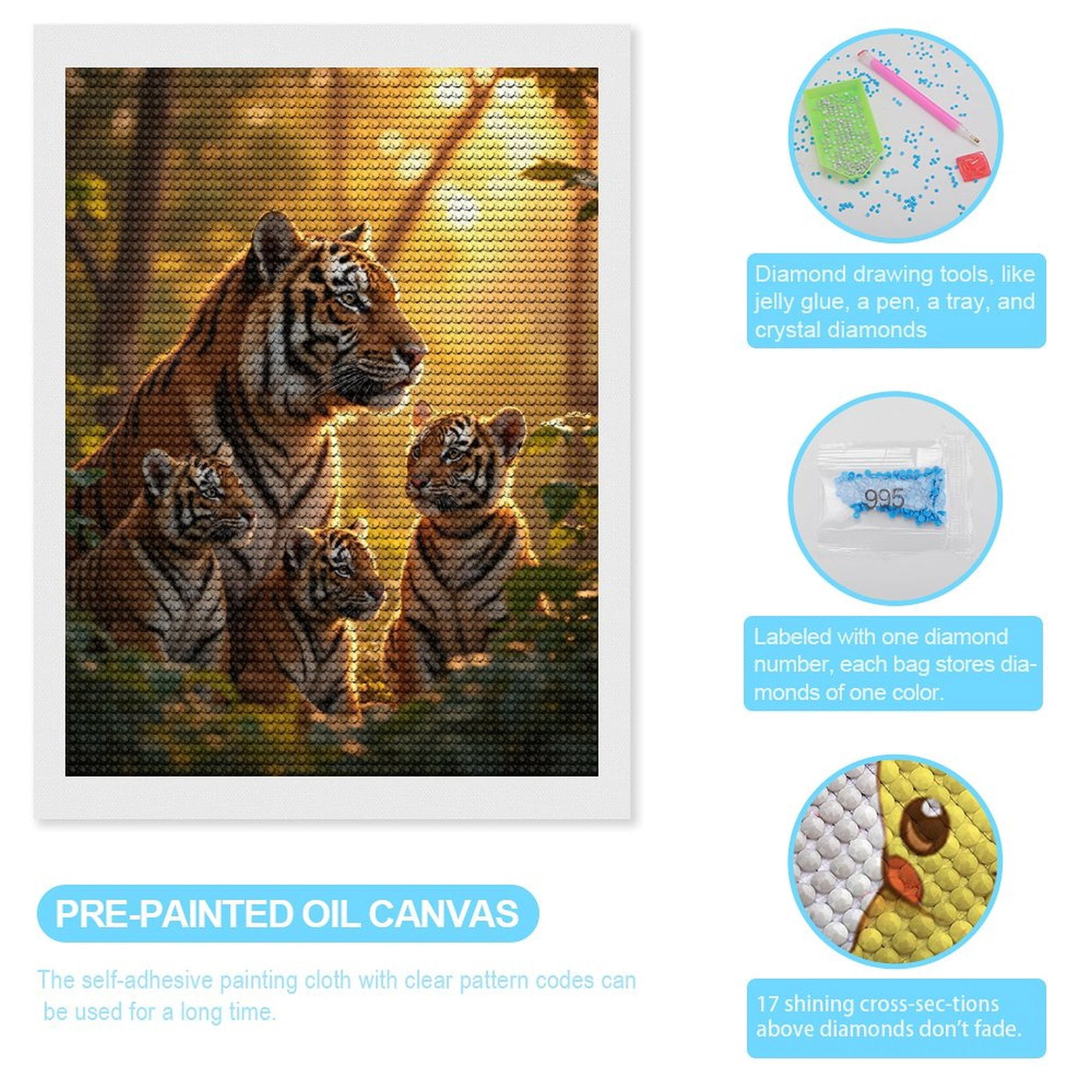 Diamond Art Kits for Adults - Tigers Family Jungle Sunrise Scene 5d Diamond Painting for Adults, Diamond Art for Adults Beginners, Frameless Diamond Painting Kits for Adults for Home Wall Decor