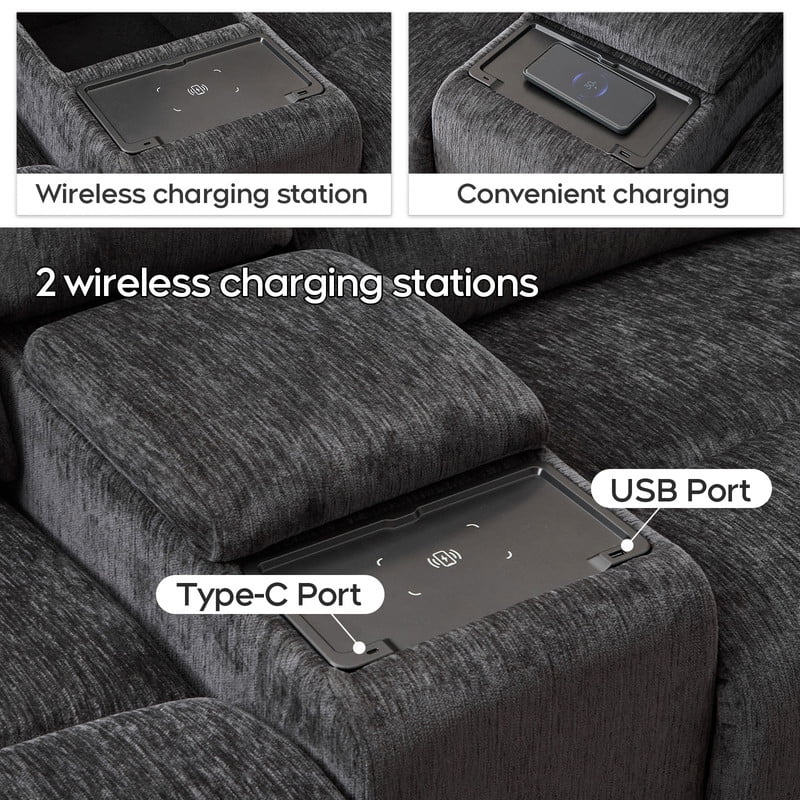 Oversized Power Recliner Sectional Sofa with Wireless Charger USB/Type-C Port,Storage Consloe,Chenille Electric Large Reclining Corner Couch,for Living Room 32.6" Seat Width for Big Man,Gray