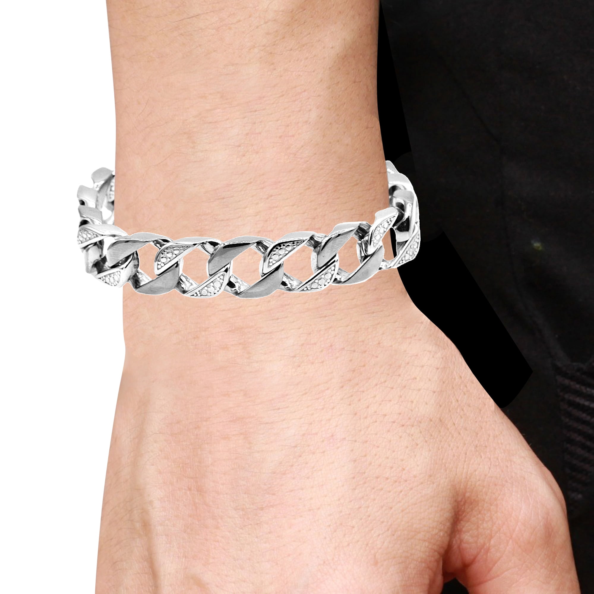 Mens Stainless Steel Pave Curb Link Chain Bracelet