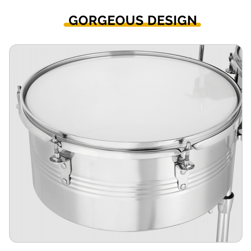 Tcbosik 13" & 14" Timbale Drum Set with Stand and Cowbell, Beginner Percussion Kit, Silver