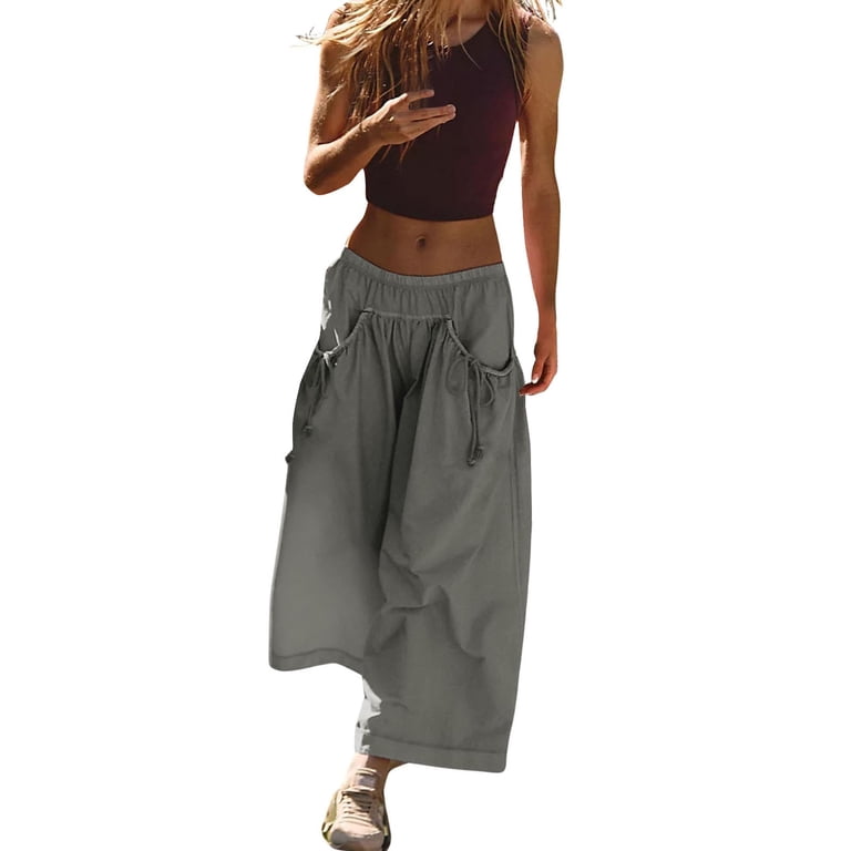 パンツ HANDCRAFTED MODERN big pocket culottes Women's Lounge Wide Leg Pants, Elastic Waist Drawstring Cropped