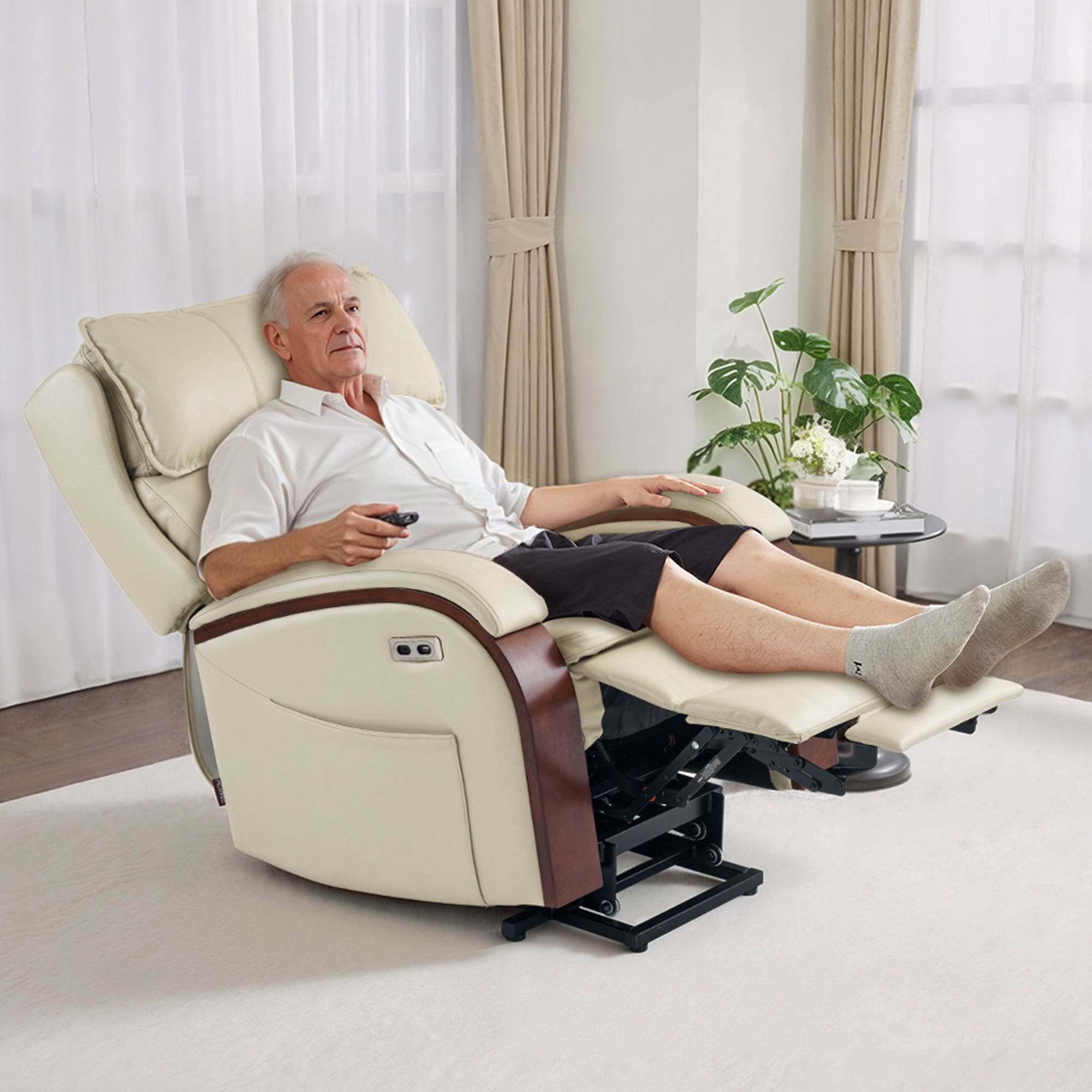MCombo Power Lift Recliner Chair with Massage and Heat, Adjustable Headrest for Elderly, Solid Wood Armrest, Faux Leather, Cream White