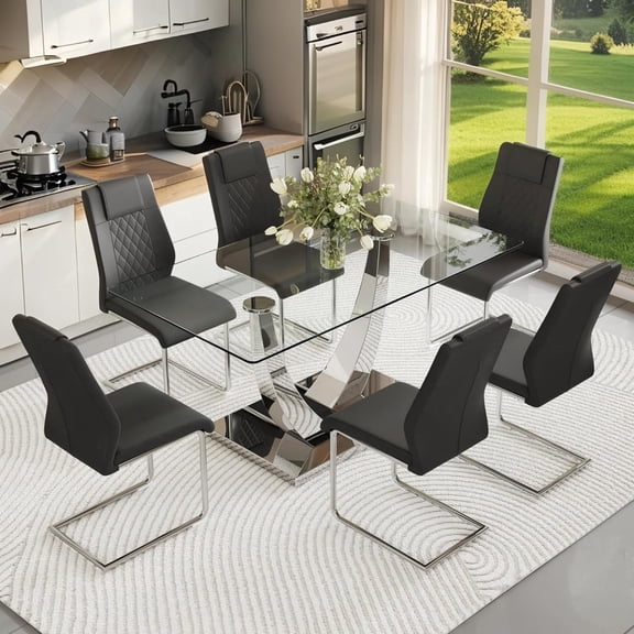 TesNus 63" Glass Dining Table Set, 7-Piece Rectangular Tempered Glass Table with Silver V-Shaped Base and Black PU Chairs for Dining Room